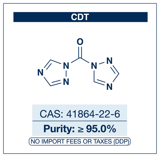 Chemical structure of CDT (1,1'-carbonyldi-1,2,4-triazole), CAS 41864-22-6, ≥95.0% — phosgene-free carbonyl-transfer and coupling reagent for amides, esters, ureas, and carbamates. Supplied by NorrChemica with DDP shipping. CoA and SDS provided.