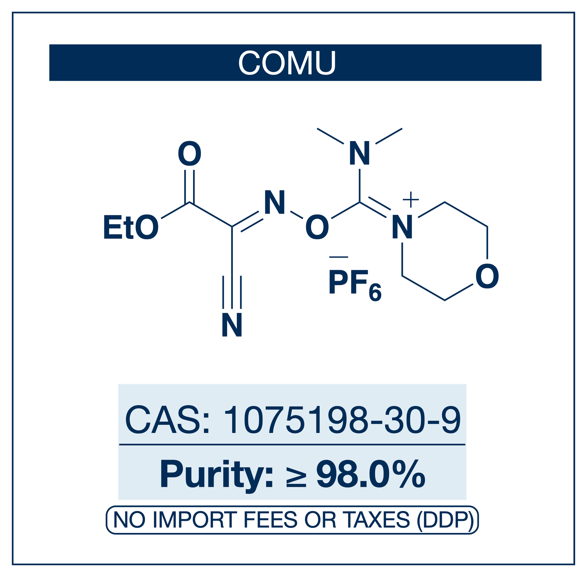 Chemical structure of COMU, CAS 1075198-30-9, ≥98% — third-generation Oxyma-based aminium-type peptide coupling reagent with morpholinium-uronium center and hexafluorophosphate counterion used as an integrated single-reagent alternative to HBTU+HOBt or HATU+HOAt combinations for low-racemization couplings of sterically hindered and N-methylated amino acids in solid-phase peptide synthesis (SPPS), green-solvent peptide chemistry, and macrocyclization. Supplied by NorrChemica with DDP sh​​​​​​​​​​​​​​​​
