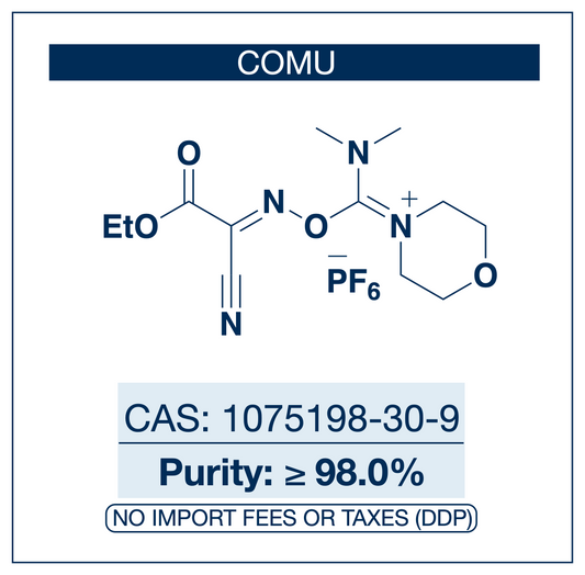 Chemical structure of COMU, CAS 1075198-30-9, ≥98% — third-generation Oxyma-based aminium-type peptide coupling reagent with morpholinium-uronium center and hexafluorophosphate counterion used as an integrated single-reagent alternative to HBTU+HOBt or HATU+HOAt combinations for low-racemization couplings of sterically hindered and N-methylated amino acids in solid-phase peptide synthesis (SPPS), green-solvent peptide chemistry, and macrocyclization. Supplied by NorrChemica with DDP sh​​​​​​​​​​​​​​​​
