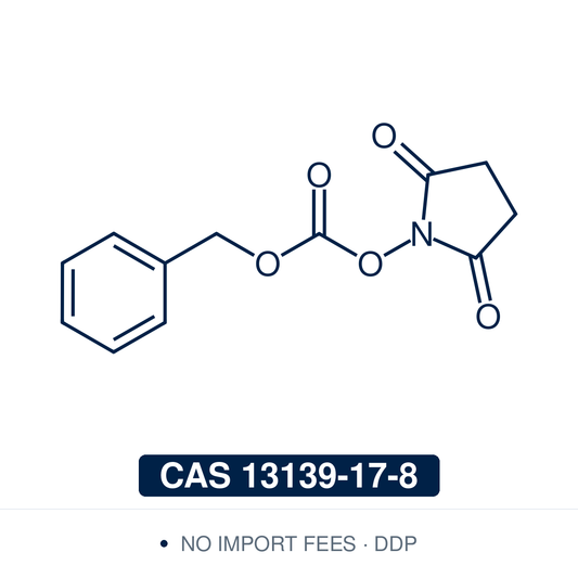Chemical structure of Cbz-OSu (N-(benzyloxycarbonyloxy)succinimide, Z-OSu), CAS 13139-17-8, ≥98% — crystalline N-hydroxysuccinimide carbonate that installs the benzyloxycarbonyl (Cbz/Z) protecting group on amines, used in place of benzyl chloroformate for cleaner acylation in peptide synthesis. Supplied by NorrChemica with DDP shipping. CoA and SDS provided.