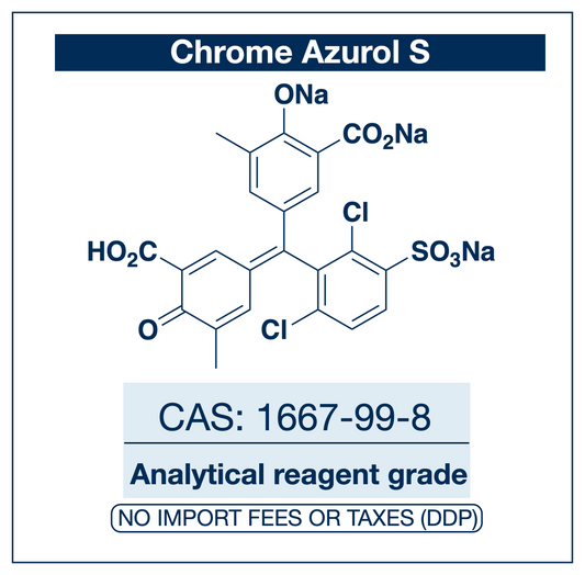 Chemical structure of Chrome Azurol S, CAS 1667-99-8, Analytical Reagent Grade — triarylmethane dye used as a colorimetric metal-ion indicator for spectrophotometric determination of aluminium, beryllium, and copper. Supplied by NorrChemica with DDP shipping. CoA and SDS provided.