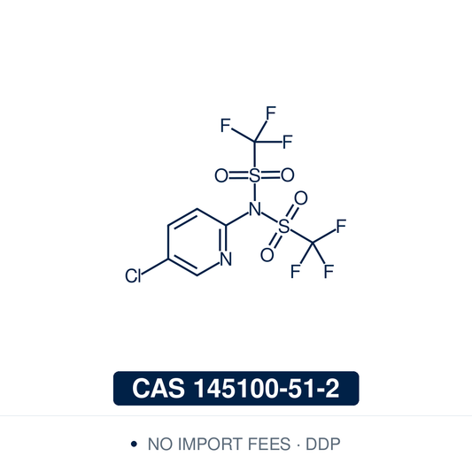 Chemical structure of Comins' reagent (N-(5-chloropyridin-2-yl)-1,1,1-trifluoro-N-(trifluoromethylsulfonyl)methanesulfonamide), CAS 145100-51-2 — electrophilic N-triflylating reagent used to convert ketone and aldehyde enolates into enol (vinyl) triflates with high regioselectivity, providing coupling partners for palladium-catalysed cross-coupling. Supplied by NorrChemica with DDP shipping. CoA and SDS provided.