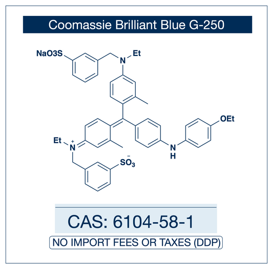 Chemical structure of Coomassie Brilliant Blue G-250, CAS 6104-58-1, Biological Stain grade — triphenylmethane anionic dye (C.I. 42655 / Acid Blue 90) used as a quantitative protein-binding dye in the Bradford protein assay for spectrophotometric protein quantification, Blue Native PAGE membrane protein complex analysis, and electrophoretic protein staining methodology in biochemistry and molecular biology research. Supplied by NorrChemica with DDP shipping. CoA and SDS provided.

