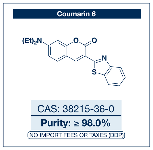 Chemical structure of Coumarin 6, CAS 38215-36-0, ≥98% — 3-(2-benzothiazolyl)-7-(diethylamino)coumarin laser dye and fluorescent probe used in photonics, fluorescence microscopy, and OLED materials research. Supplied by NorrChemica with DDP shipping. CoA and SDS provided.