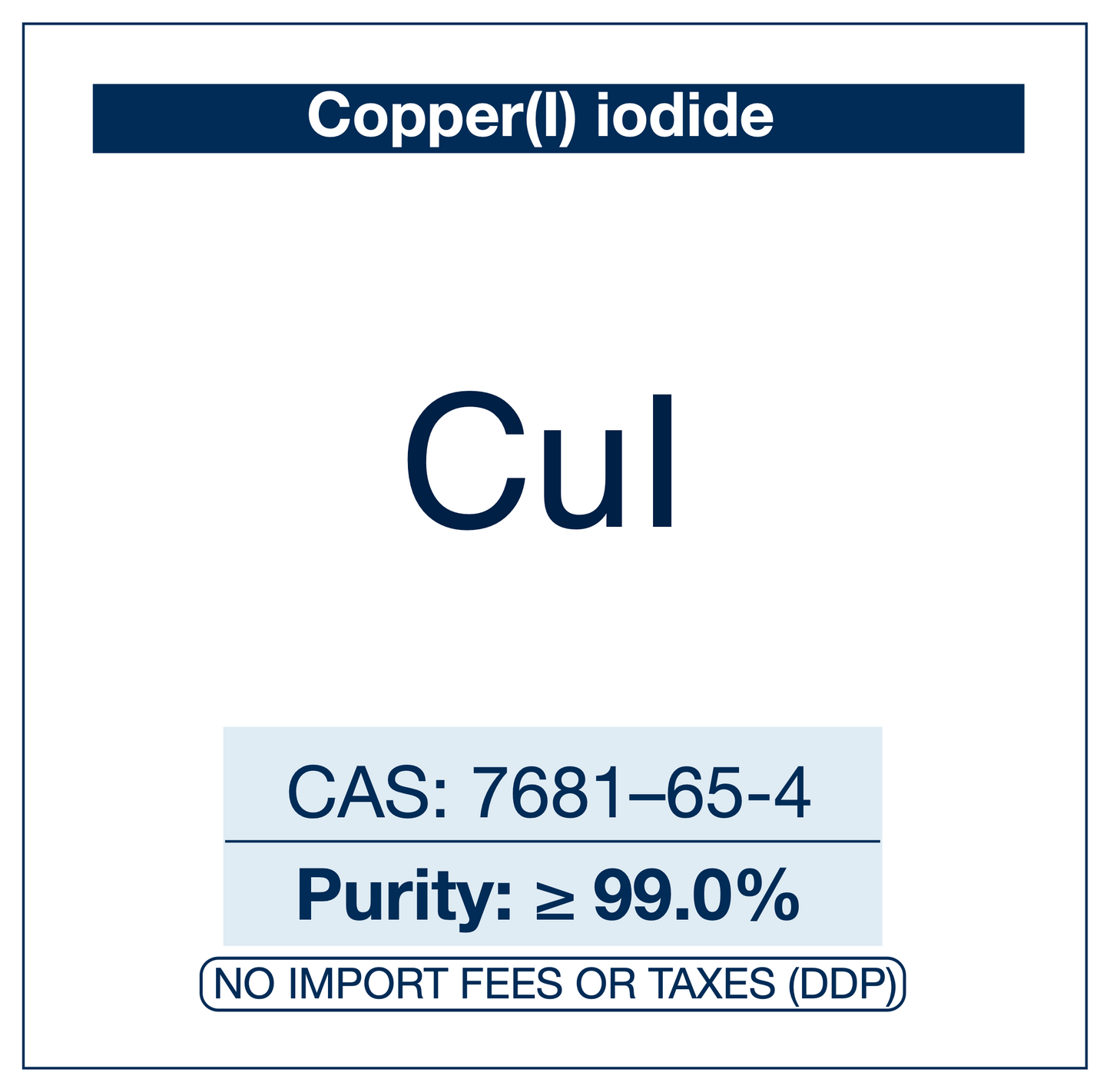 Chemical structure of Copper(I) iodide, CAS 7681-65-4, ≥99% — a copper(I) catalyst used in Sonogashira and Ullmann cross-coupling. Supplied by NorrChemica with DDP shipping. CoA and SDS provided.
