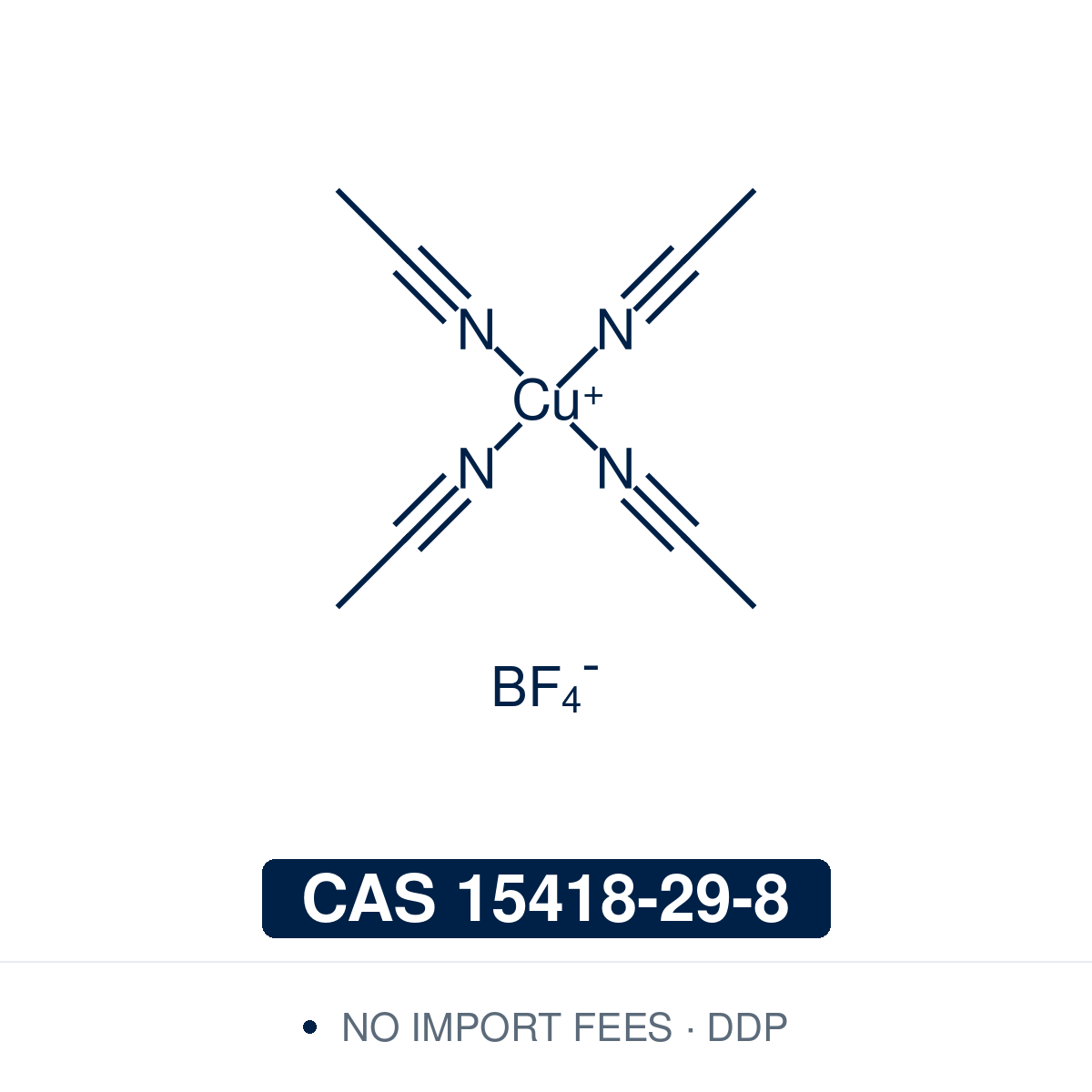 Chemical structure of [Cu(MeCN)₄]BF₄ (tetrakis(acetonitrile)copper(I) tetrafluoroborate), CAS 15418-29-8, ≥97% — a copper(I) salt in which four acetonitrile molecules bind the copper(I) ion, with tetrafluoroborate as counterion. Used as a copper(I) source to make copper(I) complexes and clusters, and as a catalyst, often with chiral ligands, for asymmetric cycloadditions, Friedel–Crafts alkylations and sulfonylative Suzuki–Miyaura couplings. Supplied by NorrChemica to the EU and UK. CoA and SDS provided.