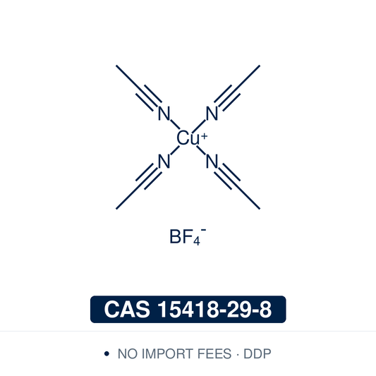 Chemical structure of [Cu(MeCN)₄]BF₄ (tetrakis(acetonitrile)copper(I) tetrafluoroborate), CAS 15418-29-8, ≥97% — a copper(I) salt in which four acetonitrile molecules bind the copper(I) ion, with tetrafluoroborate as counterion. Used as a copper(I) source to make copper(I) complexes and clusters, and as a catalyst, often with chiral ligands, for asymmetric cycloadditions, Friedel–Crafts alkylations and sulfonylative Suzuki–Miyaura couplings. Supplied by NorrChemica to the EU and UK. CoA and SDS provided.
