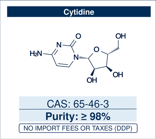 Chemical structure of Cytidine, CAS 65-46-3, ≥98% — pyrimidine ribonucleoside (cytosine N-glycosidically linked to β-D-ribofuranose) for RNA synthesis, oligonucleotide research, and as a building block for nucleoside-analogue and antiviral drug development. Supplied by NorrChemica with DDP shipping. CoA and SDS provided.
