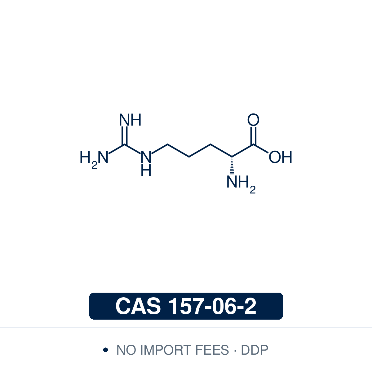 Chemical structure of D-Arginine, CAS 157-06-2, ≥98% — the D (R) enantiomer of arginine. Unlike L-arginine, it is not a substrate of nitric oxide synthase, so it is used as the inactive enantiomer control in nitric oxide research. Supplied by NorrChemica with DDP shipping. CoA and SDS provided.