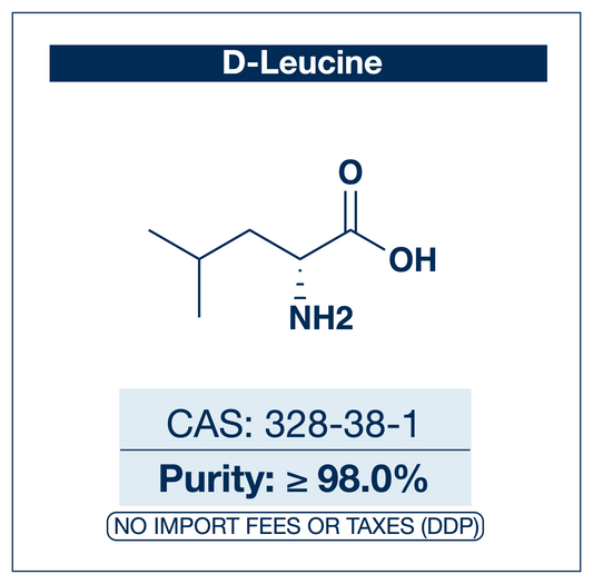 Chemical structure of D-Leucine, CAS 328-38-1, ≥98% — D-amino acid used as a chiral building block in peptide synthesis and as a stereochemical probe in metabolic and microbiological research. Supplied by NorrChemica with DDP shipping. CoA and SDS provided.