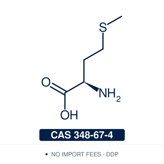 Chemical structure of D-Methionine, CAS 348-67-4, ≥98% — the (R)-enantiomer of the sulfur-containing amino acid methionine, a chiral building block for unnatural peptides, peptidomimetics, and biochemical research. Supplied by NorrChemica with DDP shipping. CoA and SDS provided.