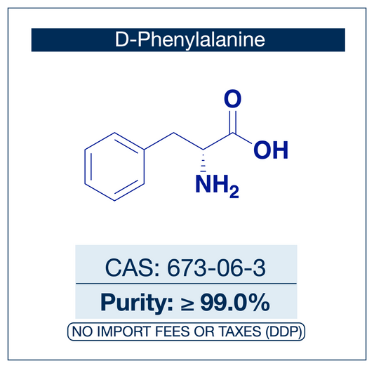 Chemical structure of D-Phenylalanine, CAS 673-06-3, ≥99.0% — unnatural D-enantiomer of phenylalanine used as a chiral building block in peptide synthesis, asymmetric catalysis, and enantioselective biotransformation studies. Supplied by NorrChemica with DDP shipping. CoA and SDS provided.​​​​​​​​​​​​​​​​