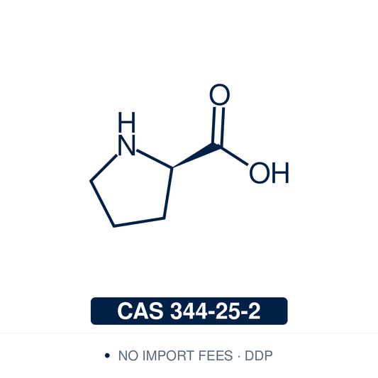 Chemical structure of D-Proline, CAS 344-25-2 — the (R)-enantiomer of the cyclic amino acid proline, used as an organocatalyst and chiral building block in asymmetric synthesis and peptide chemistry. Supplied by NorrChemica with DDP shipping. CoA and SDS provided.