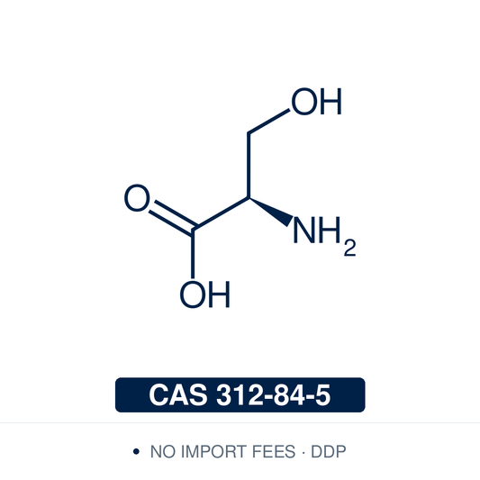Chemical structure of D-Serine ((R)-serine), C₃H₇NO₃, CAS 312-84-5, ≥95% — endogenous co-agonist at the glycine site of the NMDA receptor, formed from L-serine by serine racemase and degraded by D-amino acid oxidase, used to study synaptic plasticity, NMDA receptor function and DAAO activity. Supplied by NorrChemica with DDP shipping. CoA and SDS provided.