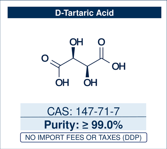 Chemical structure of D-Tartaric Acid, CAS 147-71-7, ≥99.0% — (2S,3S)-(−)-tartaric acid, an enantiopure chiral-pool building block and resolving agent for asymmetric synthesis, optical resolution of racemic amines, and preparation of chiral tartrate ligands and catalysts. Supplied by NorrChemica with DDP shipping. CoA and SDS provided.