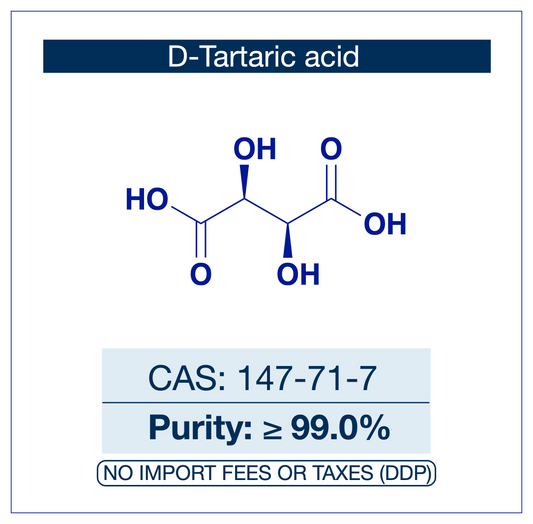 Chemical structure of D-Tartaric acid with purity and CAS number, CAS 147-71-7, ≥99.0% information. Supplied by NorrChemica with DDP shipping. CoA and SDS provided.​​​​​​​​​​​​​​​​