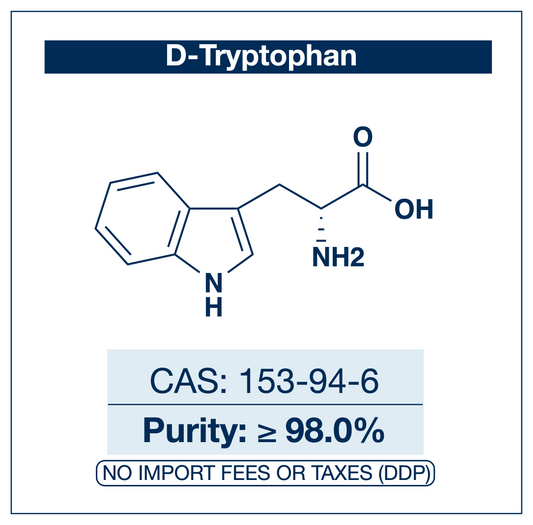 Chemical structure of D-Tryptophan, CAS 153-94-6, ≥98.0% — unnatural D-enantiomer amino acid building block for chiral synthesis and D-peptide chemistry. Supplied by NorrChemica with DDP shipping. CoA and SDS provided.