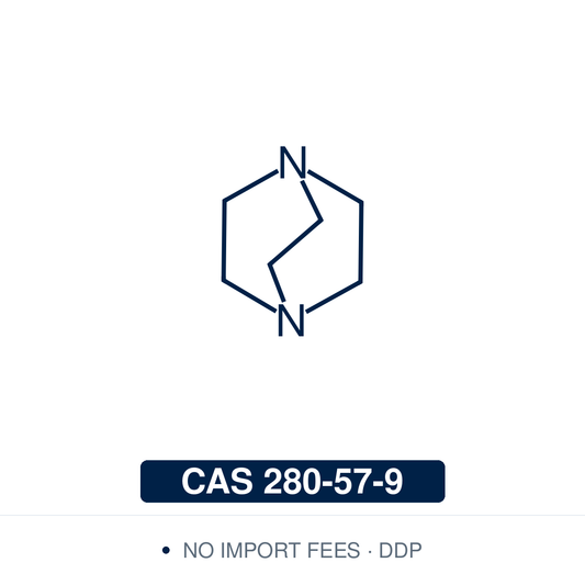 Chemical structure of DABCO (1,4-diazabicyclo[2.2.2]octane, triethylenediamine), CAS 280-57-9, ≥98% — bicyclic diamine (C6H12N2) whose two bridgehead nitrogens hold their lone pairs pointing outward with no steric shielding, making it both a strong base and a competent nucleophilic catalyst. Used in Baylis-Hillman reactions, acyl transfer and esterification, as a polyurethane gelling catalyst, and as a bridging N-donor ligand in coordination polymers. Supplied by NorrChemica with DDP shipping. CoA and SDS