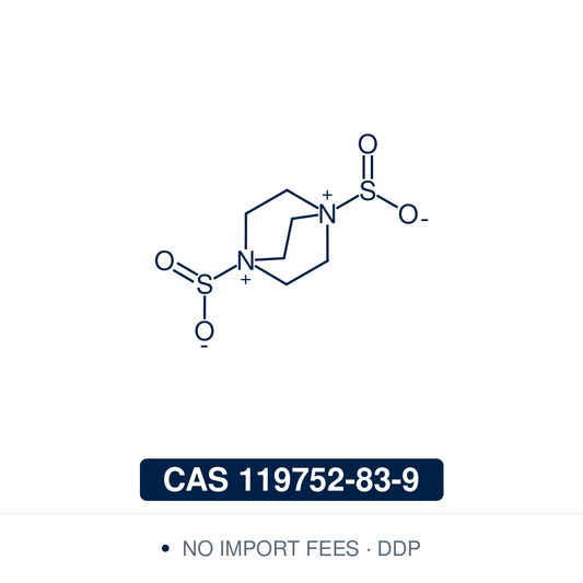 Chemical structure of DABSO (DABCO bis(sulfur dioxide) adduct), CAS 119752-83-9, ≥95% — bench-stable solid SO₂ surrogate that delivers sulfur dioxide in situ, used for synthesis of sulfonamides, sulfones, sulfinate salts, sulfonyl fluorides, and sulfonimidamides in Pd-catalysed, radical, and photoredox sulfonylation, SuFEx click chemistry, medicinal chemistry, and process chemistry. Supplied by NorrChemica with DDP shipping. CoA and SDS provided.