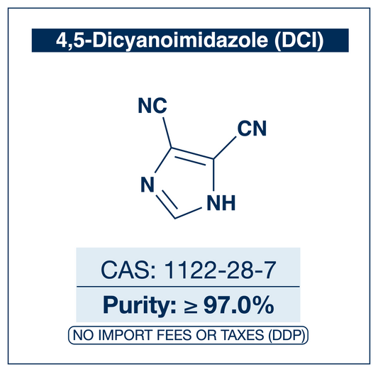 Chemical structure of 4,5-Dicyanoimidazole (DCI), CAS 1122-28-7, ≥97% — tetrazole-free activator for nucleoside phosphoramidite coupling in oligonucleotide synthesis. Supplied by NorrChemica with DDP shipping. CoA and SDS provided.