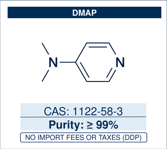 Chemical structure of DMAP, CAS 1122-58-3, ≥99% — 4-(dimethylamino)pyridine, a highly active nucleophilic acyl-transfer catalyst for Steglich esterification, amidation, acylation and silylation, and for the Baylis–Hillman and Dakin–West reactions. Supplied by NorrChemica with DDP shipping. CoA and SDS provided.