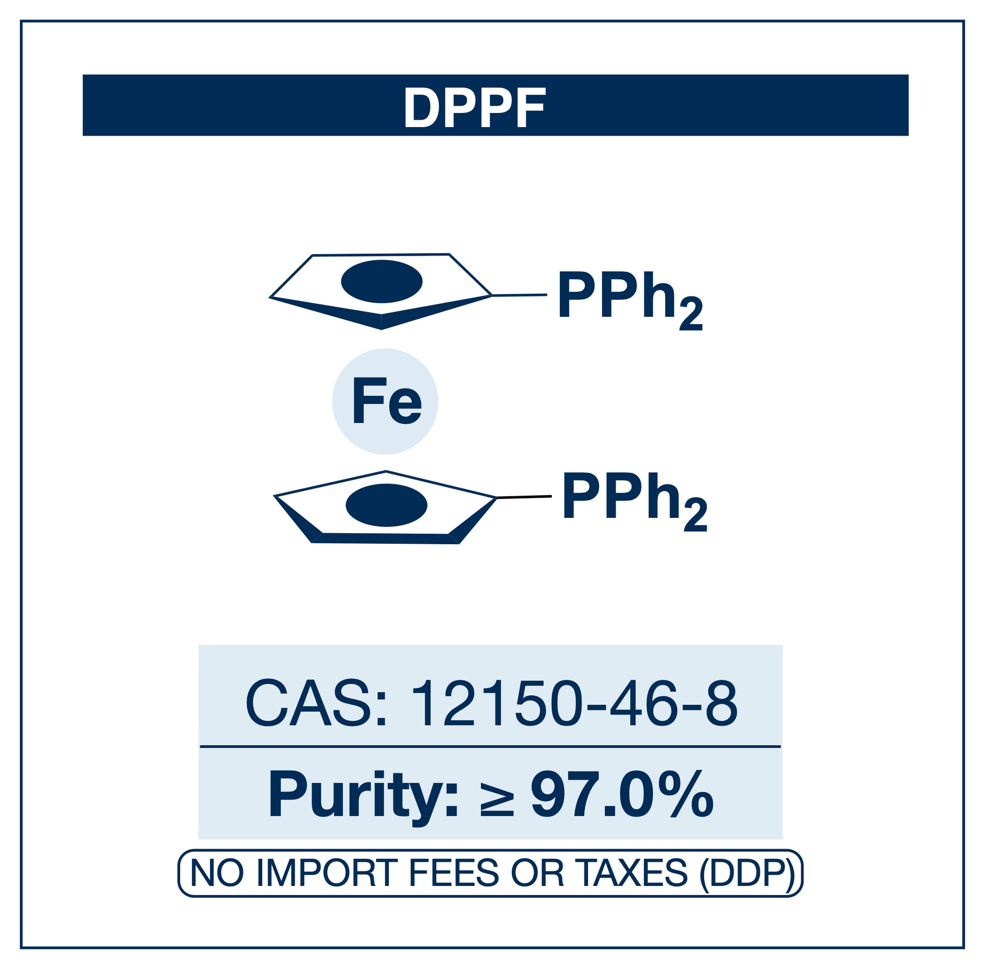 Chemical structure of 1,1′-Bis(diphenylphosphino)ferrocene (DPPF), CAS 12150-46-8, ≥97.0% — ferrocene-backbone bidentate diphosphine ligand used in Pd-catalysed Buchwald–Hartwig amination, Kumada, Negishi and Suzuki–Miyaura cross-coupling, and Ni-catalysed reductive cross-coupling. Supplied by NorrChemica with DDP shipping. CoA and SDS provided.
