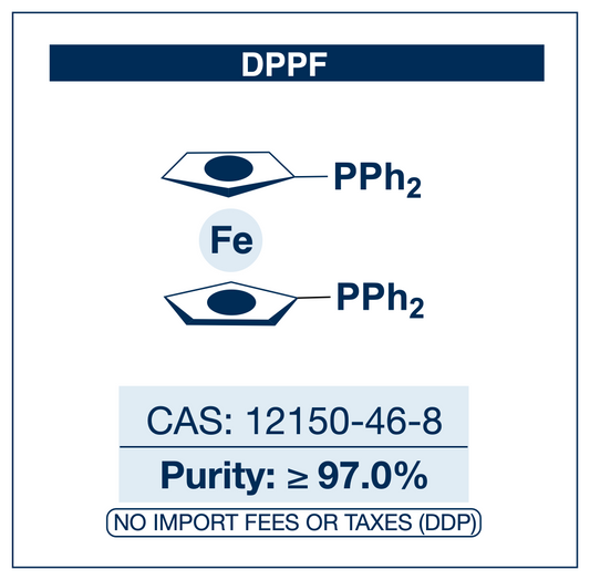 Chemical structure of 1,1′-Bis(diphenylphosphino)ferrocene (DPPF), CAS 12150-46-8, ≥97.0% — ferrocene-backbone bidentate diphosphine ligand used in Pd-catalysed Buchwald–Hartwig amination, Kumada, Negishi and Suzuki–Miyaura cross-coupling, and Ni-catalysed reductive cross-coupling. Supplied by NorrChemica with DDP shipping. CoA and SDS provided.