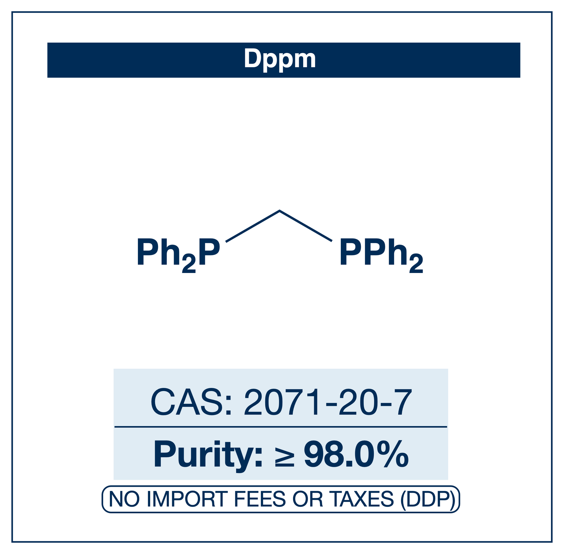 Chemical structure of dppm (bis(diphenylphosphino)methane), CAS 2071-20-7, ≥98% — short-bite-angle bidentate diphosphine ligand for bimetallic and A-frame complexes in coordination chemistry and homogeneous catalysis. Supplied by NorrChemica with DDP shipping. CoA and SDS provided.