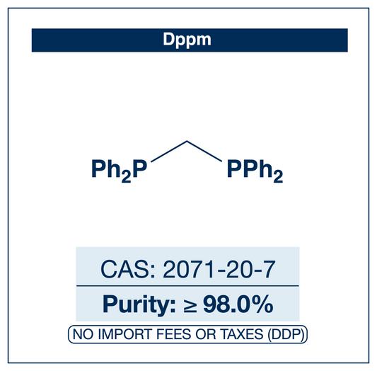 Chemical structure of dppm (bis(diphenylphosphino)methane), CAS 2071-20-7, ≥98% — short-bite-angle bidentate diphosphine ligand for bimetallic and A-frame complexes in coordination chemistry and homogeneous catalysis. Supplied by NorrChemica with DDP shipping. CoA and SDS provided.