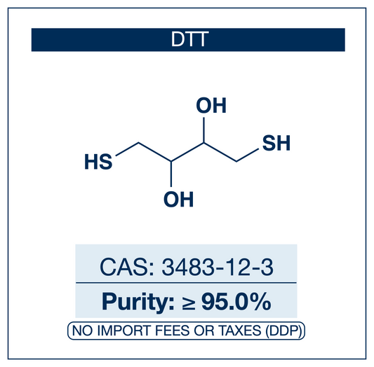 Chemical structure of DTT, CAS 3483-12-3, ≥95% — DL-dithiothreitol (Cleland's reagent), the gold-standard disulfide reducing agent for proteins and nucleic acids used in protein purification, SDS-PAGE sample preparation, reverse transcriptase and ligase enzyme stabilization, cell lysis buffers, antibody bioconjugation chemistry, and thiol-disulfide exchange research in biochemistry and molecular biology. Supplied by NorrChemica with DDP shipping. CoA and SDS provided.
