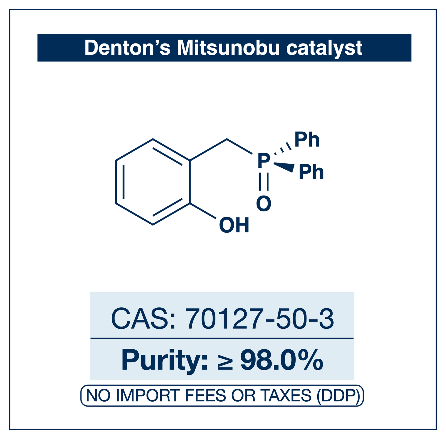 Chemical structure of Denton's Mitsunobu catalyst ((2-hydroxybenzyl)diphenylphosphine oxide), CAS 70127-50-3, ≥98% — phosphine oxide organocatalyst for redox-neutral catalytic Mitsunobu reactions. Supplied by NorrChemica with DDP shipping. CoA and SDS provided.