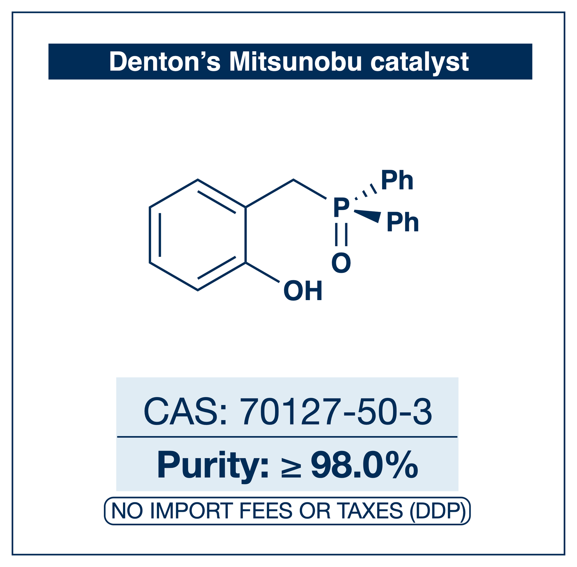 Chemical structure of Denton's Mitsunobu catalyst ((2-hydroxybenzyl)diphenylphosphine oxide), CAS 70127-50-3, ≥98% — phosphine oxide organocatalyst for redox-neutral catalytic Mitsunobu reactions. Supplied by NorrChemica with DDP shipping. CoA and SDS provided.