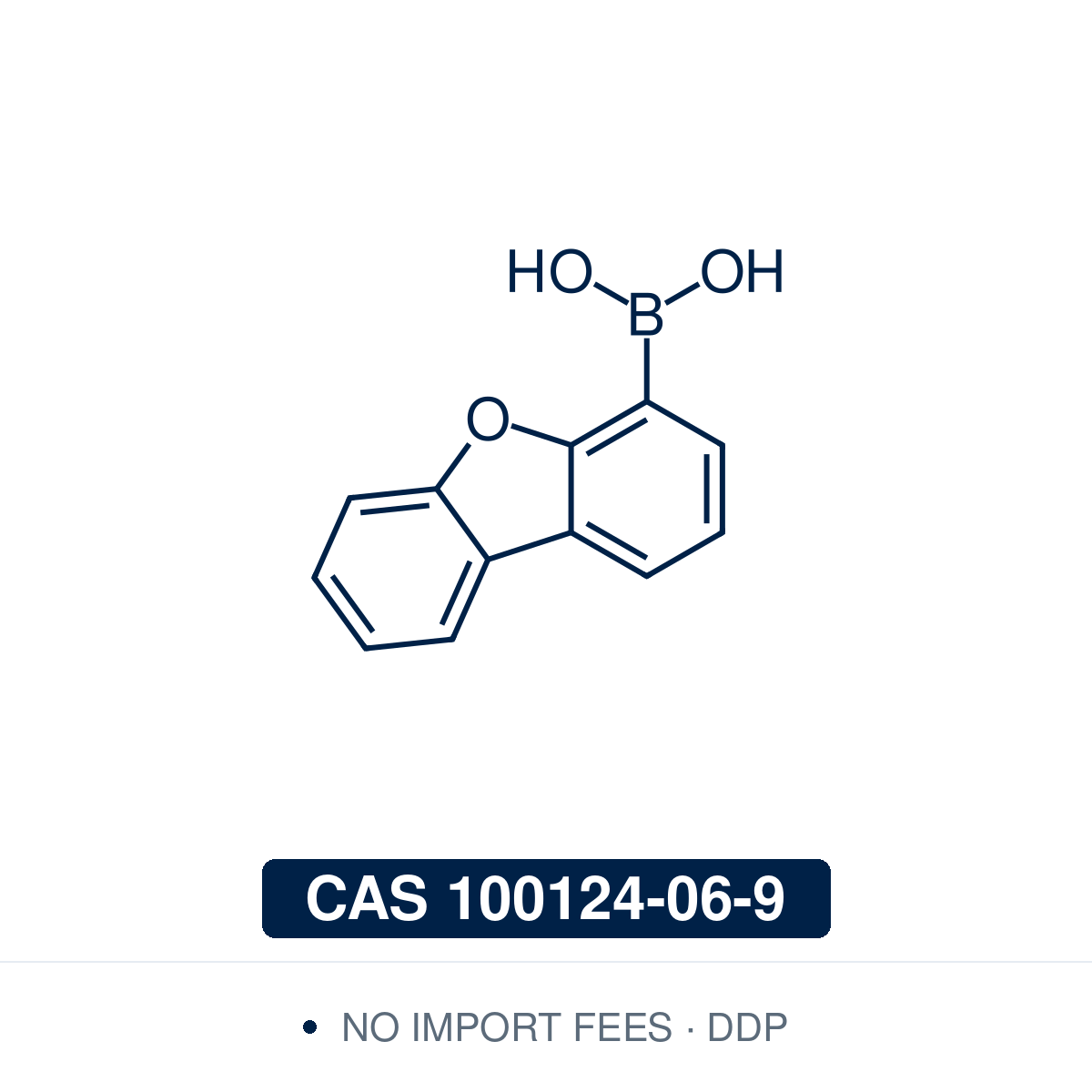 Chemical structure of dibenzofuran-4-boronic acid (dibenzo[b,d]furan-4-ylboronic acid, C₁₂H₉BO₃), CAS 100124-06-9, ≥98%. Supplied by NorrChemica with DDP shipping. CoA and SDS provided.