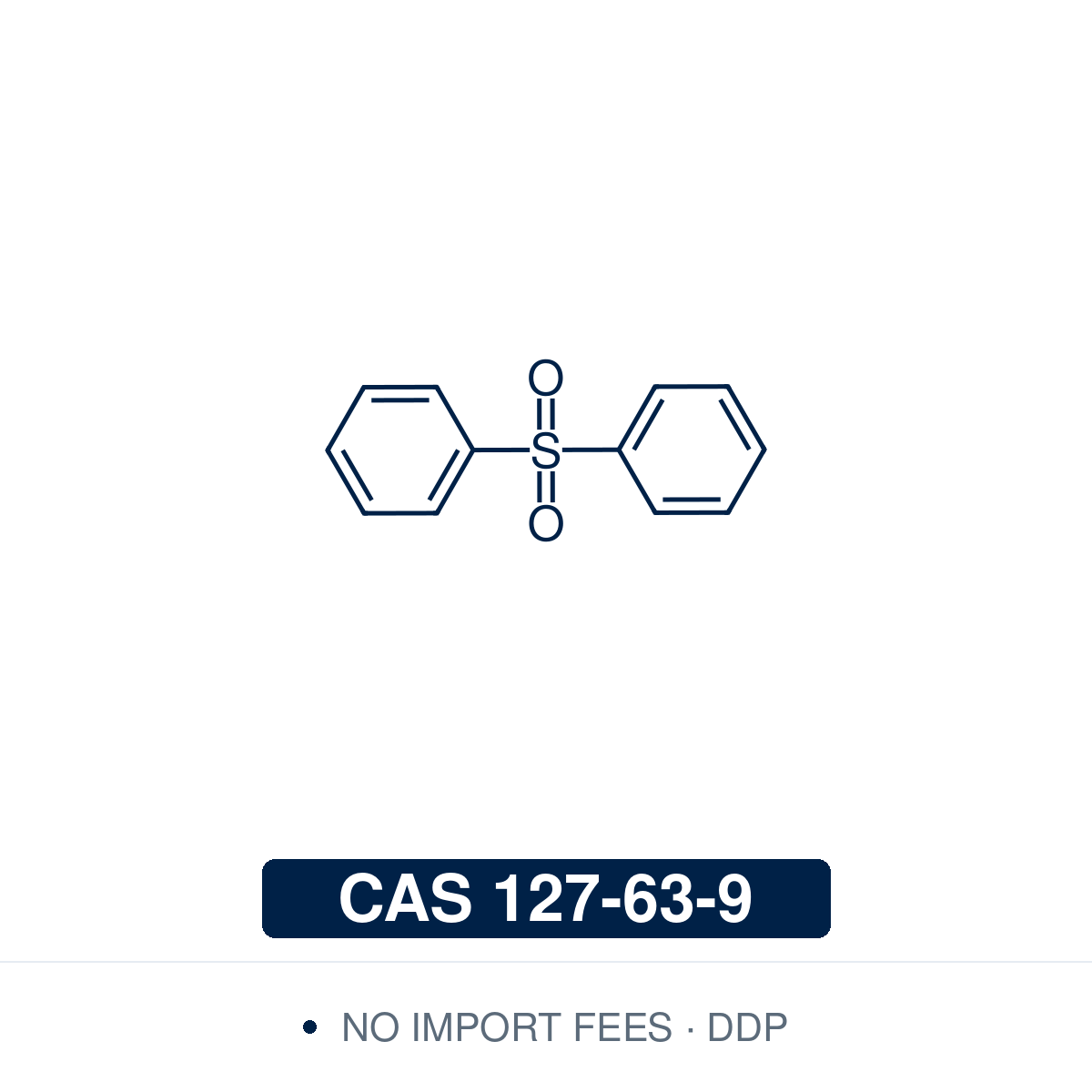 Chemical structure of Diphenyl sulfone (phenyl sulfone, sulfobenzide), C₁₂H₁₀O₂S, CAS 127-63-9, ≥98% — high-temperature solvent used for the solution polymerisation of PEEK copolymers and other polymers. Supplied by NorrChemica with DDP shipping. CoA and SDS provided.