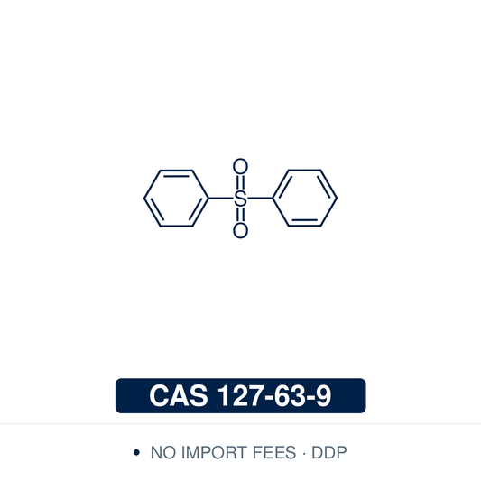 Chemical structure of Diphenyl sulfone (phenyl sulfone, sulfobenzide), C₁₂H₁₀O₂S, CAS 127-63-9, ≥98% — high-temperature solvent used for the solution polymerisation of PEEK copolymers and other polymers. Supplied by NorrChemica with DDP shipping. CoA and SDS provided.