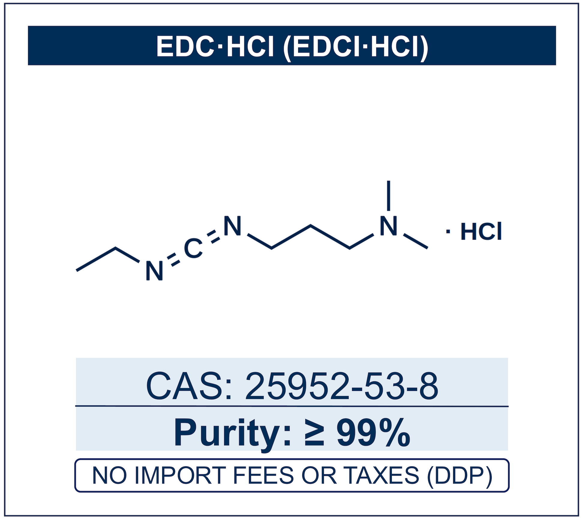 Chemical structure of EDC·HCl (EDCI·HCl), CAS 25952-53-8, ≥99% purity — for amide bond formation and bioconjugation. Supplied by NorrChemica with DDP shipping. CoA and SDS provided.
