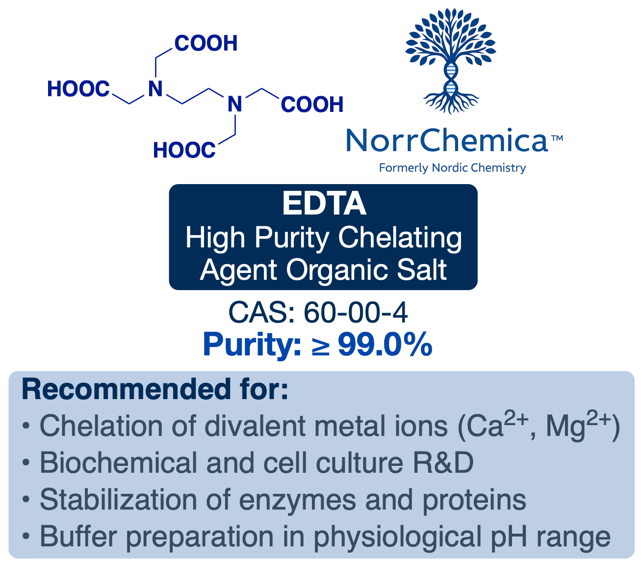EDTA (Ethylenediaminetetraacetic Acid) | CAS 60-00-4 | High-Purity ≥ 99 % ACS Grade | Chelating & Buffer Agent | NorrChemica™ EU Seller