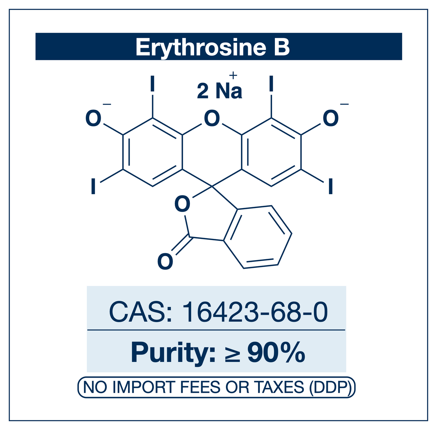 Chemical structure of Erythrosine B (disodium salt), CAS 16423-68-0, ≥90% — tetraiodinated xanthene photosensitizer (C.I. 45430 / Acid Red 51) with strong heavy-atom-driven singlet oxygen generation used as a research-grade photodynamic photosensitizer in antimicrobial photoinactivation research, dental plaque visualization in oral microbiology methodology, photodynamic antimicrobial biofilm research, and triplet state chemistry in photophysics. Supplied by NorrChemica with DDP shipping. CoA and SDS.
