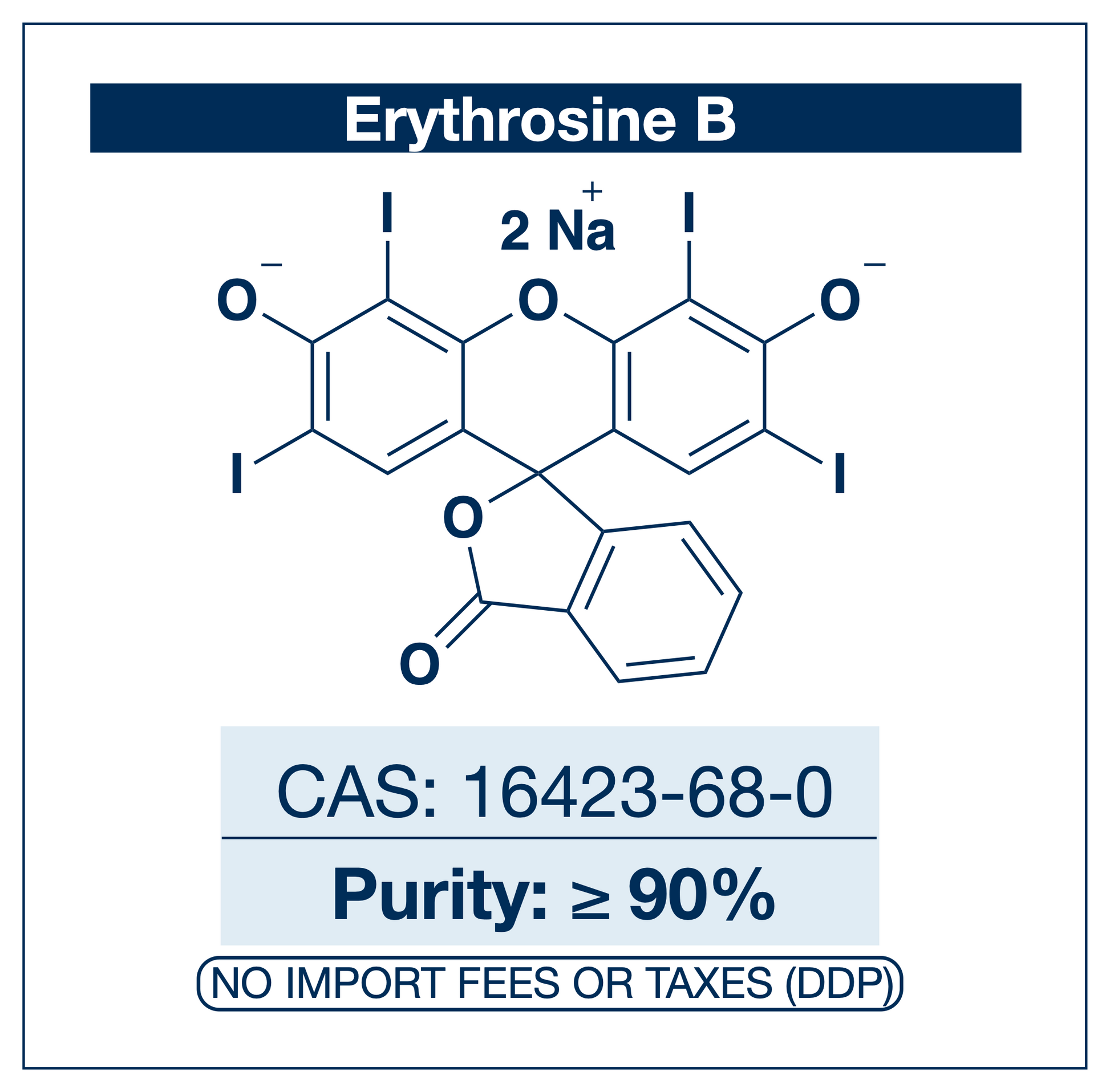 Chemical structure of Erythrosine B (disodium salt), CAS 16423-68-0, ≥90% — tetraiodinated xanthene photosensitizer (C.I. 45430 / Acid Red 51) with strong heavy-atom-driven singlet oxygen generation used as a research-grade photodynamic photosensitizer in antimicrobial photoinactivation research, dental plaque visualization in oral microbiology methodology, photodynamic antimicrobial biofilm research, and triplet state chemistry in photophysics. Supplied by NorrChemica with DDP shipping. CoA and SDS.
