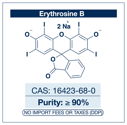 Chemical structure of Erythrosine B (disodium salt), CAS 16423-68-0, ≥90% — tetraiodinated xanthene photosensitizer (C.I. 45430 / Acid Red 51) with strong heavy-atom-driven singlet oxygen generation used as a research-grade photodynamic photosensitizer in antimicrobial photoinactivation research, dental plaque visualization in oral microbiology methodology, photodynamic antimicrobial biofilm research, and triplet state chemistry in photophysics. Supplied by NorrChemica with DDP shipping. CoA and SDS.
