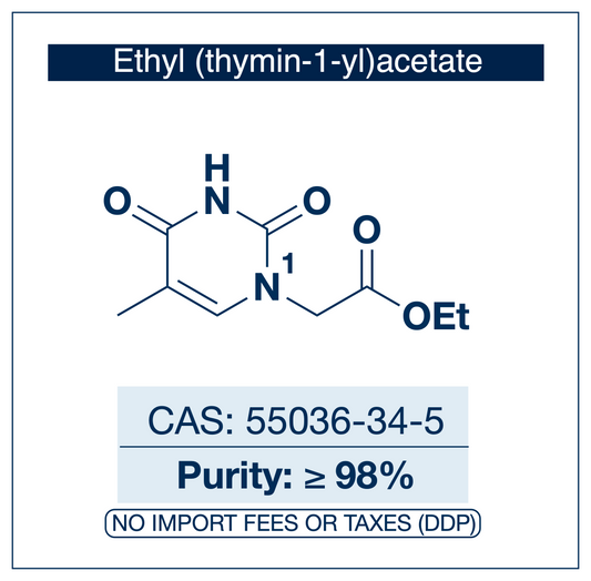 Chemical structure of Ethyl (thymin-1-yl)acetate, CAS 55036-34-5, ≥98% — N1-alkylated thymine derivative used as a nucleobase building block in oligonucleotide and PNA synthesis, and as a versatile intermediate for site-selective functionalization of the thymine scaffold. Supplied by NorrChemica with DDP shipping. CoA and SDS provided.​​​​​​​​​​​​​​​​