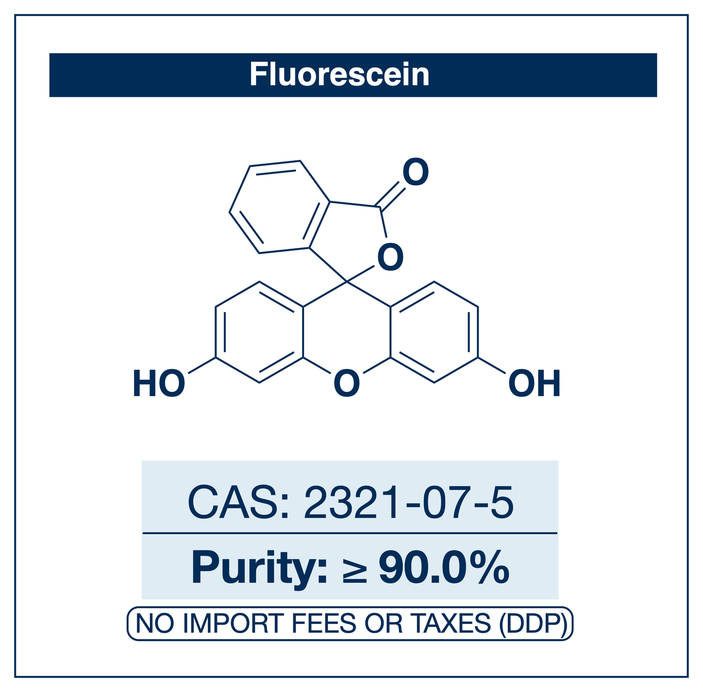 Chemical structure of Fluorescein, CAS 2321-07-5, ≥90% — xanthene-class tricyclic fluorescent dye with high extinction coefficient and quantum yield in green emission used as a fluorescence standard, pH indicator, fluorescent stain in cell biology and microscopy, FRET donor/acceptor reagent, hydrological tracer, and bioconjugation tag in chemical biology and analytical research. Supplied by NorrChemica with DDP shipping. CoA and SDS provided.
