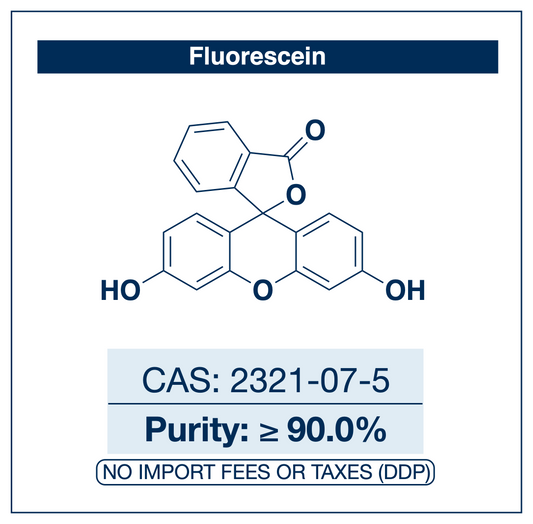 Chemical structure of Fluorescein, CAS 2321-07-5, ≥90% — xanthene-class tricyclic fluorescent dye with high extinction coefficient and quantum yield in green emission used as a fluorescence standard, pH indicator, fluorescent stain in cell biology and microscopy, FRET donor/acceptor reagent, hydrological tracer, and bioconjugation tag in chemical biology and analytical research. Supplied by NorrChemica with DDP shipping. CoA and SDS provided.
