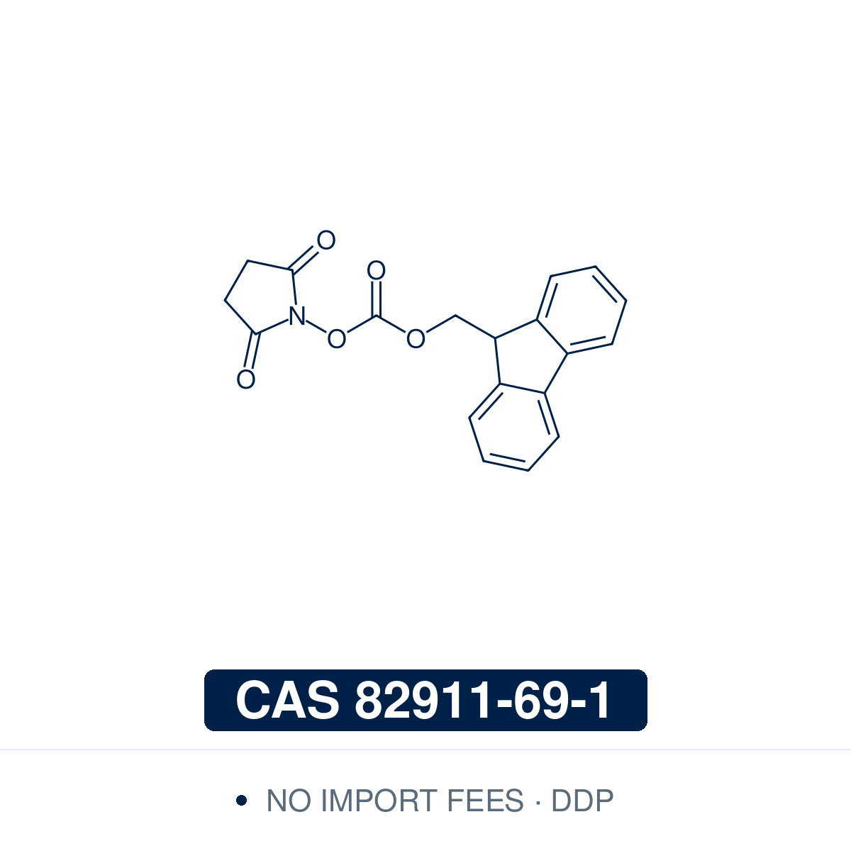 Chemical structure of Fmoc-OSu, CAS 82911-69-1, ≥98% — succinimidyl carbonate reagent for Fmoc protection of amines and amino acids, including hydroxy amino acids, with less dipeptide formation than Fmoc-Cl; also used in glycopeptide synthesis. Supplied by NorrChemica with DDP shipping. CoA and SDS provided.