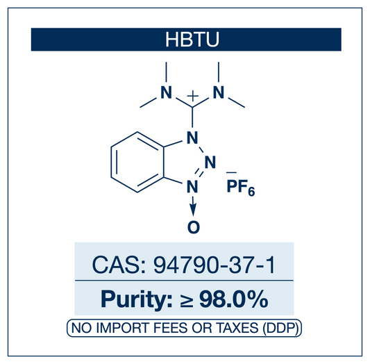 Chemical structure of HBTU, CAS 94790-37-1, ≥98% — benzotriazole-based aminium-type peptide coupling reagent with hexafluorophosphate counterion used for carboxylic acid activation and amide bond formation in solid-phase peptide synthesis (SPPS), solution-phase peptide chemistry, bioconjugation, macrocyclization, and combinatorial library synthesis. Supplied by NorrChemica with DDP shipping. CoA and SDS provided.
