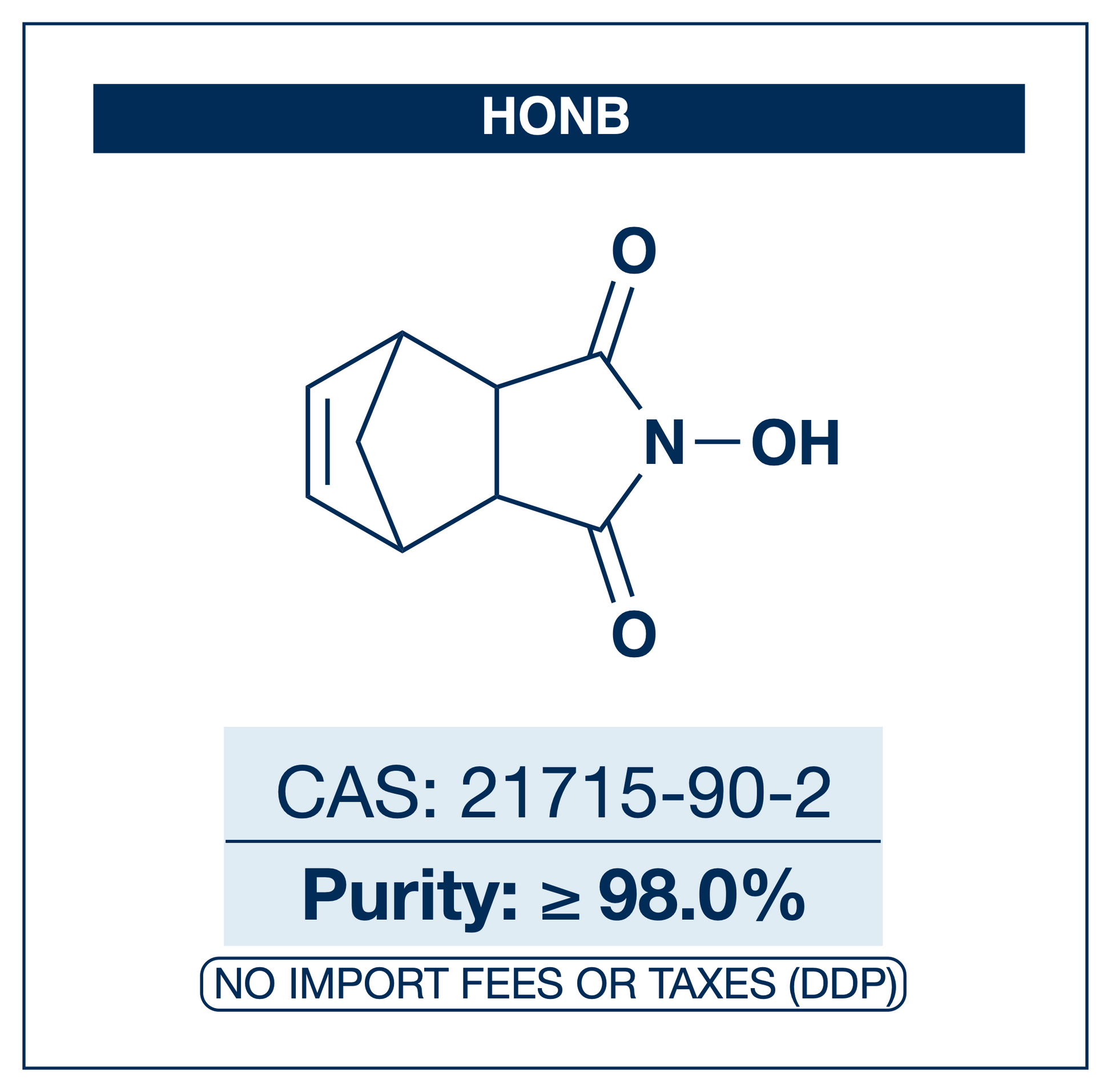 Chemical structure of HOBN / HONB (N-hydroxy-5-norbornene-2,3-dicarboximide), CAS 21715-90-2, ≥98% — non-benzotriazole N-hydroxyimide additive for low-racemisation carbodiimide peptide coupling. Supplied by NorrChemica with DDP shipping. CoA and SDS provided.