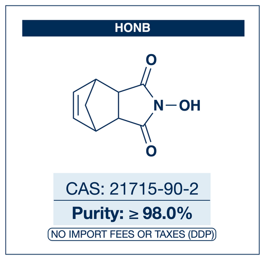 Chemical structure of HOBN / HONB (N-hydroxy-5-norbornene-2,3-dicarboximide), CAS 21715-90-2, ≥98% — non-benzotriazole N-hydroxyimide additive for low-racemisation carbodiimide peptide coupling. Supplied by NorrChemica with DDP shipping. CoA and SDS provided.