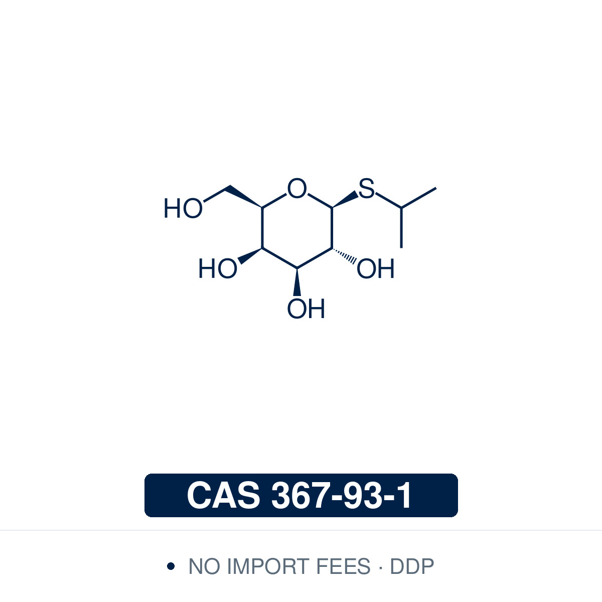 Chemical structure of IPTG (isopropyl β-D-1-thiogalactopyranoside, C₉H₁₈O₅S), CAS 367-93-1, ≥98% — synthetic, non-metabolisable inducer of the lac operon that binds the lac repressor, used to induce recombinant protein expression in E. coli, in blue–white screening with X-Gal, and in lac repressor-based inducible expression systems in yeast and mammalian cells. Supplied by NorrChemica with DDP shipping. CoA and SDS provided.