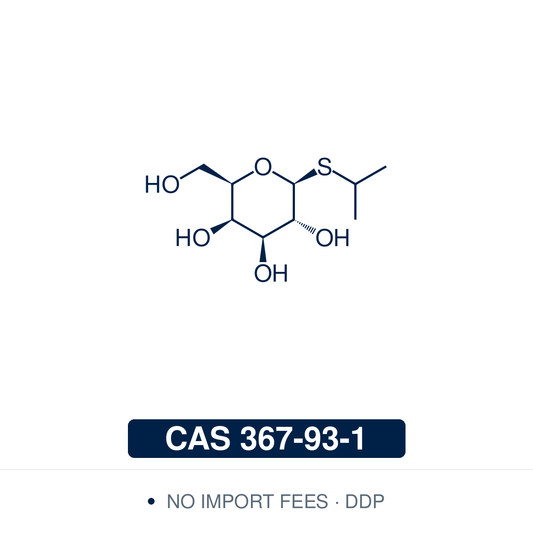 Chemical structure of IPTG (isopropyl β-D-1-thiogalactopyranoside, C₉H₁₈O₅S), CAS 367-93-1, ≥98% — synthetic, non-metabolisable inducer of the lac operon that binds the lac repressor, used to induce recombinant protein expression in E. coli, in blue–white screening with X-Gal, and in lac repressor-based inducible expression systems in yeast and mammalian cells. Supplied by NorrChemica with DDP shipping. CoA and SDS provided.