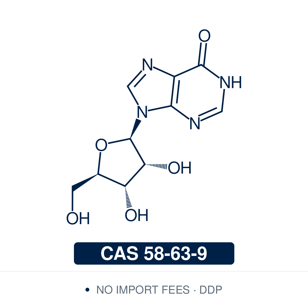 Chemical structure of Inosine, CAS 58-63-9, ≥98% — purine ribonucleoside; hypoxanthine linked to D-ribose, used in RNA research and wobble base-pairing studies. Supplied by NorrChemica with DDP shipping. CoA and SDS provided.